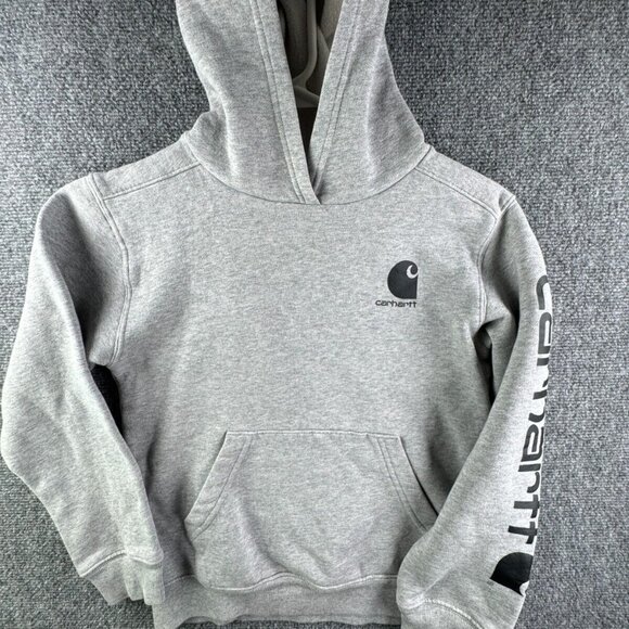 Carhartt Hoodie Boys Medium Gray Spell Out Fleece Inside Sweatshirt Pullover - Picture 1 of 15